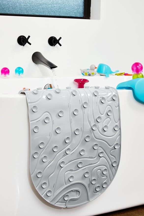 Boon GRIFFLE Textured Non Slip Baby Bath Tub Mat with Hanging Hook and Drain Holes, Gray