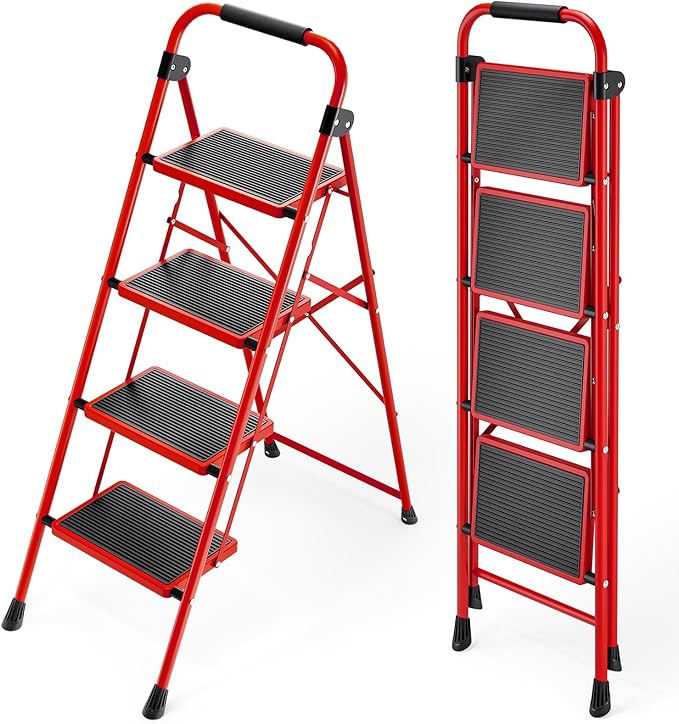 KINGRACK Step Ladder, Folding Ladder with Non-Slip and Wide Pedal, Small Ladders with Handle, Heavy Duty Steel Ladder, Lightweight Step Ladder (Red, 4 Step Ladder)