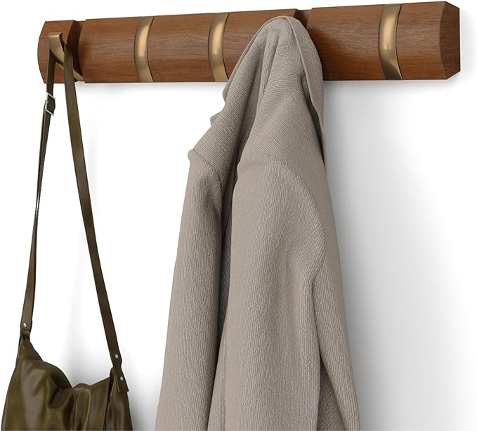 Umbra Flip Wall-Mounted Coat Rack with 5 Hooks – Modern, Space-Saving Storage for Hats, Jackets, Bags, Entryway, Mudroom, Closet, Bathroom, Bedroom – Light Walnut/Gold