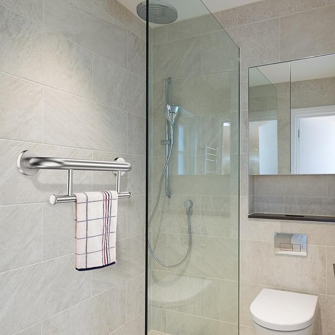 Brushed Nickel Grab Bar 17 Inch w/Towel Holder, iHansee Stainless Steel Shower Towel Bar Bathroom Balanced Support Handle, Wall Mount Safety Handrail Grab Rail for Elderly Senior Handicap Disabled