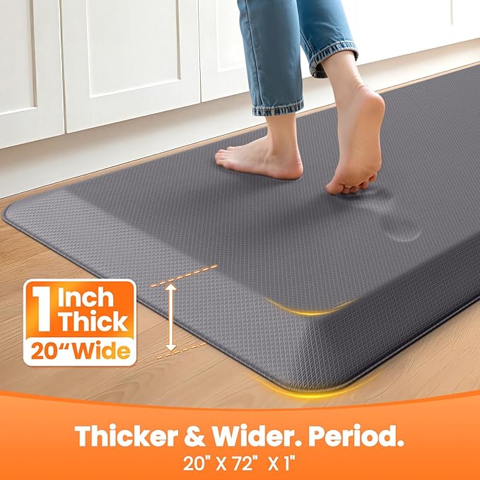 Kitchen Mats for Floor, 1 Inch Extra-Thick Kitchen Rugs, Non-Slip & Waterproof Standing Desk Mat, Comfort Anti Fatigue Mats for Kitchen Floor, Home, Sink, Office (20" X 72", Grey)
