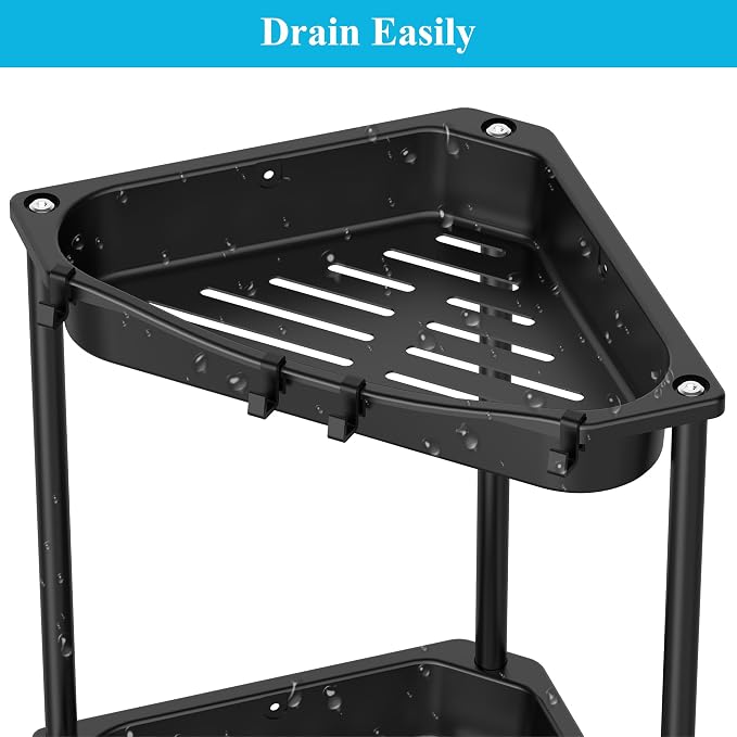 HuggieGems 4 Tier Floor Standing Corner Shower Caddy Organizer Shelf with Hooks, Bathroom Shelves Stand Rack, Jet Black