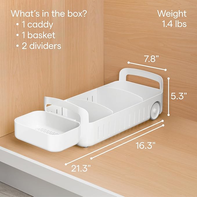 YouCopia RollOut Caddy Rolling Storage Bin with 2 Adjustable Dividers and Removable Basket for Kitchen and Bathroom Under Sink Organization, 8" Wide