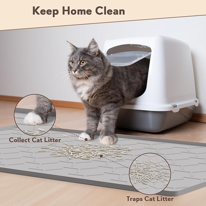 Garoopion Cat Mat for Litter Box, Large 34.05×22.5 inch Cat Litter Mat, Waterproof Silicone Pad for Floor, Gray