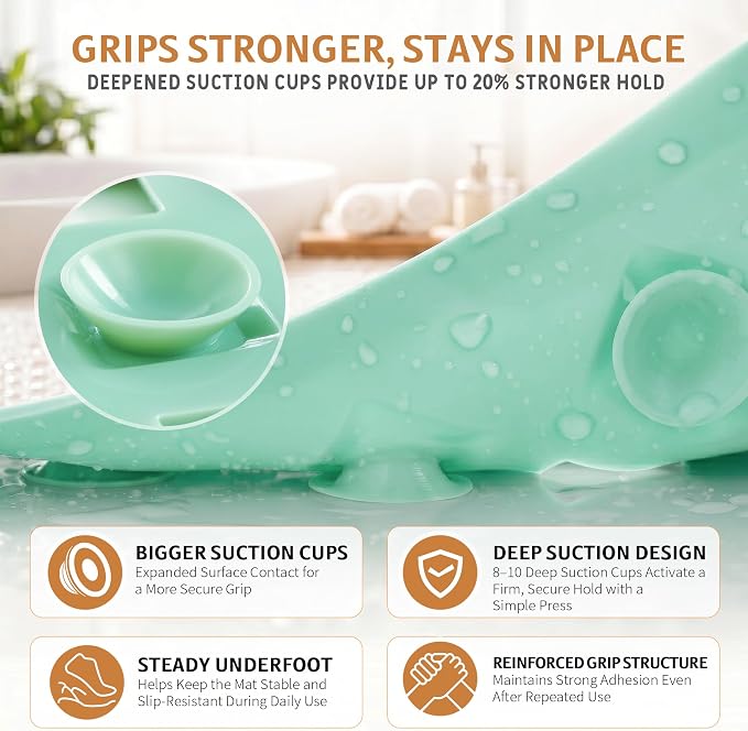 Yimobra Bathtub Mat Non Slip, Super Strong Suction Cups, 27.5"X15.5" Long Shower Mat with Drain Holes, Machine Washable Fast Draining Bath Mats, Bathroom Essentials,MARRS Green