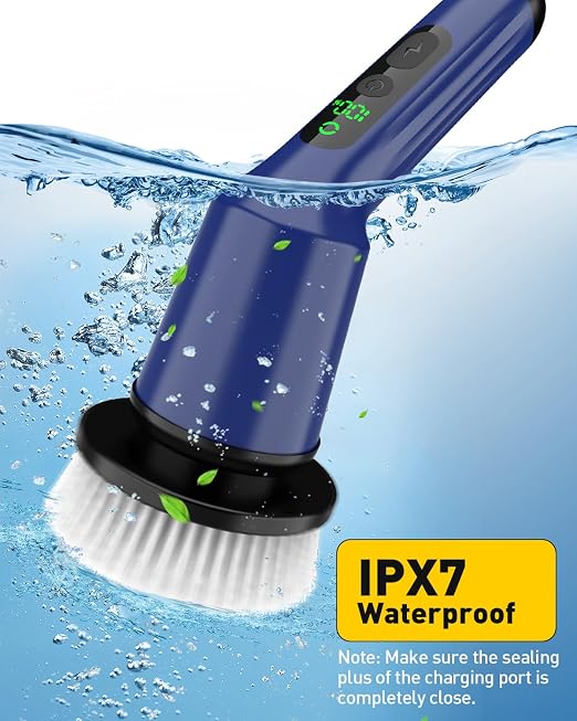 Electric Spin Scrubber for Cleaning Bathroom, Shower Scrubber Cordless Cleaning Brush with IPX7 Waterproof & 2 Speed, 3 Brush Heads, Bathroom Cleaning Supplies for Shower Tub Kitchen Tile Toilet Navy