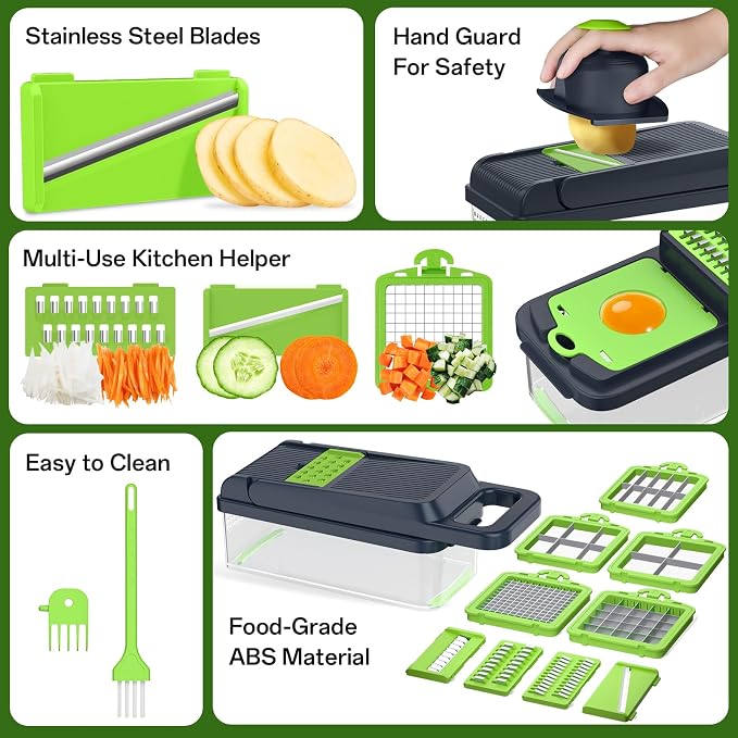 HomeHacks Vegetable Chopper Vegetable Cutter, 15 in 1 Kitchen Gadget, Dicer, Slicer, Onion Cutter, Salad, Cheese Grater & Egg Separator - Multi-Functional Veggie Chopper Lid with Handle (Green)
