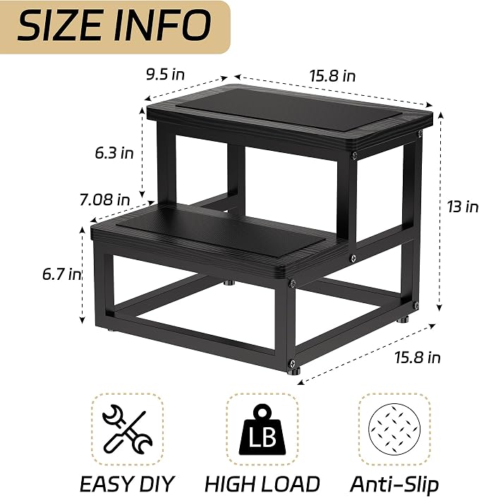 SZLHANJZ Step Stool, Bedside Steps for High Beds with Round Corners, 2 Steps Footstool for Adults, Metal and Wood Stepping Stool for Kitchen Bedroom, Load 500 LB, Black