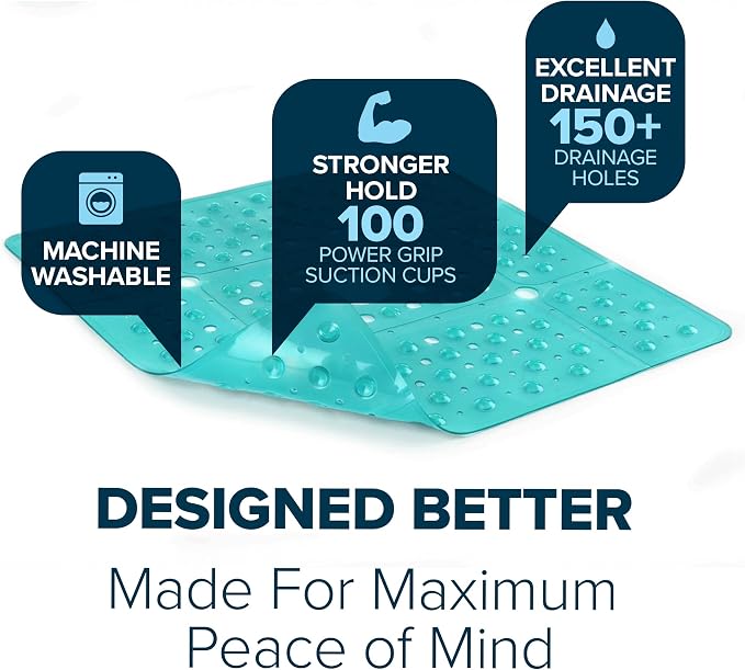 SlipX Solutions 27" Oversize Square Shower Mat, Non-Slip Mat for Elderly & Kids, 100+ Power Grip Suction Cups for Smooth Surfaces, Machine Washable, Transparent Aqua