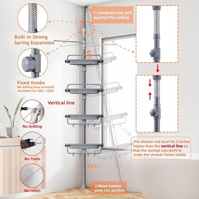 XLHOMO 32-122inch Corner Shower Caddy Tension Pole Grey, Rustproof Drill-Free Shower Shelves for Bathroom Bathtub Washbasin, Adjustable Shower Organizer with 4 Tier Patent Stable Shelves & Towel Bars