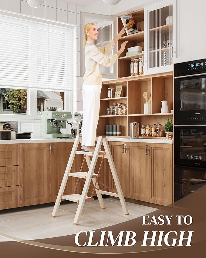 3 Step Ladder, Folding Step Stool with Wider Pedal, Anti-Slip Feet & Non Slip Stripes, Aluminum Sturdy Material, 300Lbs Capacity, Elegant Look of Cream Chocolate Better Matches Your Home