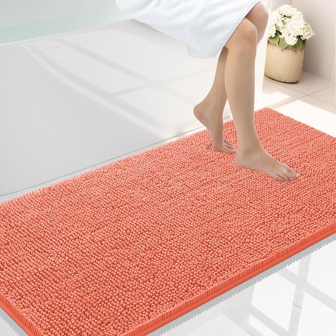 Smiry Luxury Chenille Bathroom Rugs 47x24, Extra Soft and Absorbent Shaggy Bath Mat, Machine Washable, Non-Slip Plush Carpet Runner for Tub, Shower, and Floor, Home Decor Accessories, Coral