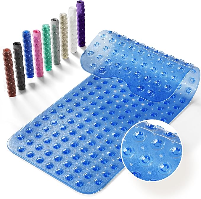 Non-Slip Bath Tub Mat, 39x16 Inch Extra Large Shower Mat with Drain Holes & Suction Cups, Machine Washable, Clear Blue