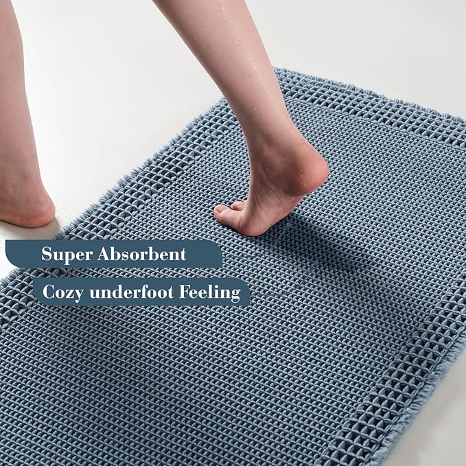RESARE Waffle Bath Mat for Bathroom, Super Absorbent Bathroom Rugs Non Slip Machine Washable, Ultra Soft Quick Dry Boho Bath Rugs with Tassels, Farmhouse Home Decor Accessories, 24"x36" Blue