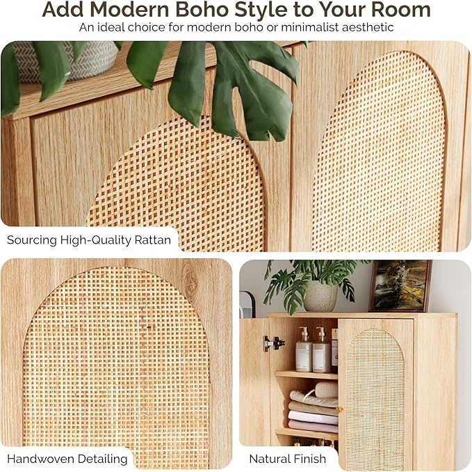 VINGLI Over The Toilet Storage Cabinet, Rattan Bathroom Organizer Behind Toilet,Above Metal Stand Rack Tall Freestanding Wood Cabinet with Wicker Doors,Adjustable Shelf for Bathroom,Restroom,Bohemian
