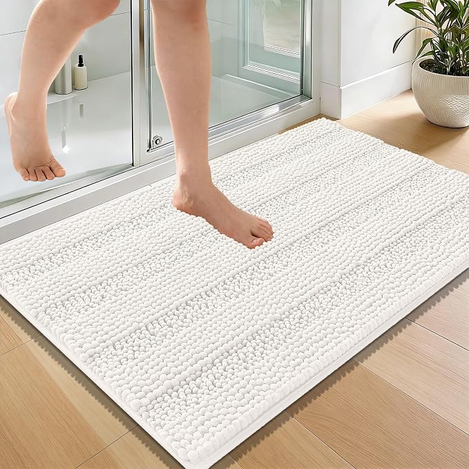 OLANLY Thick Bathroom Rugs 36x24, Extra Soft Absorbent Chenille Striped Bath Rugs, Rubber Backing, Machine Wash Dry, Bath Mats for Bathroom Floor, Tub and Shower, Home Decor Accessories, Ivory