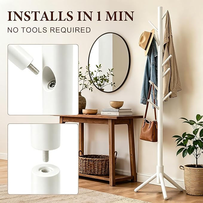 Wooden Coat Rack Freestanding with 8 Hooks & 3 Adjustable Sizes for Clothes, Space-Saving Design for Bedroom Office Entrance Holds Hats Coats Scarves Bags