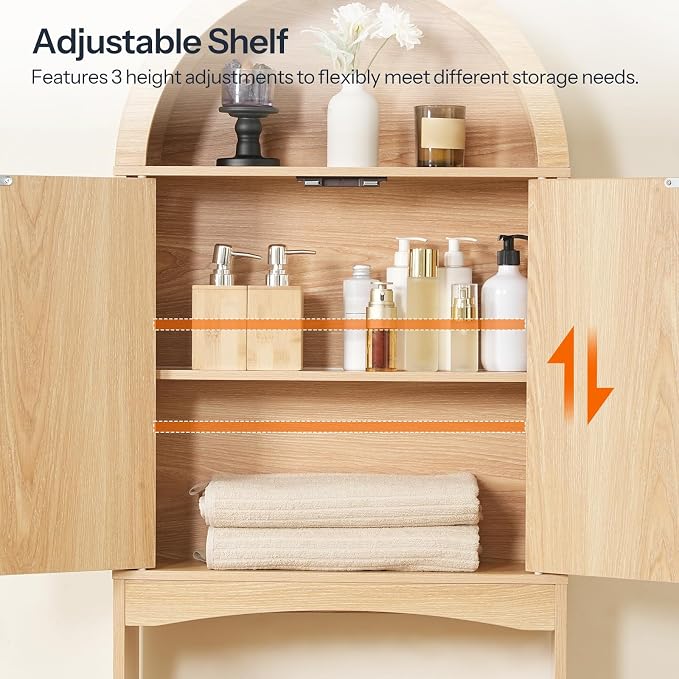 HOOBRO Arched Rattan Over the Toilet Storage Cabinet, 68.1'' Bathroom Organizer with Doors, Bathroom Storage Cabinet with Adjustable Shelf, Wooden Space Saver for Small Bathroom, Natural NL25TS01