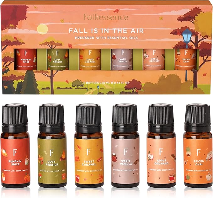 Folkulture Fall is in The Air Essential Oils Set of 6 | Diffuser Fragrance Oils for Home | Vanilla, Pumpkin Spice & More | Aromatherapy Gift for Fall, New Year & Valentine’s Day