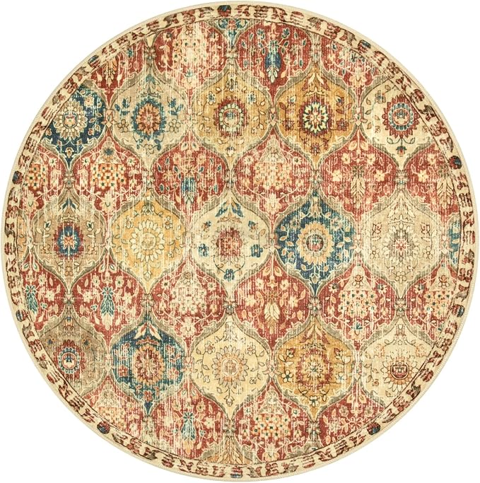Lahome Moroccan Trellis Washable Round Area Rug, Soft Round Rugs 6ft Ultra-Thin Non-Slip, Vintage Large Circle Carpet for Bedroom Living Room Kitchen Nursery Elise, Red/Orange