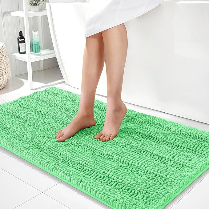 OLANLY Thick Bathroom Runner Rugs 44x24, Extra Absorbent Chenille Striped Bath Rugs, Rubber Backing, Machine Wash Dry, Long Bath Mats for Bathroom, Tub and Shower, Home Decor Accessories, Mint Green