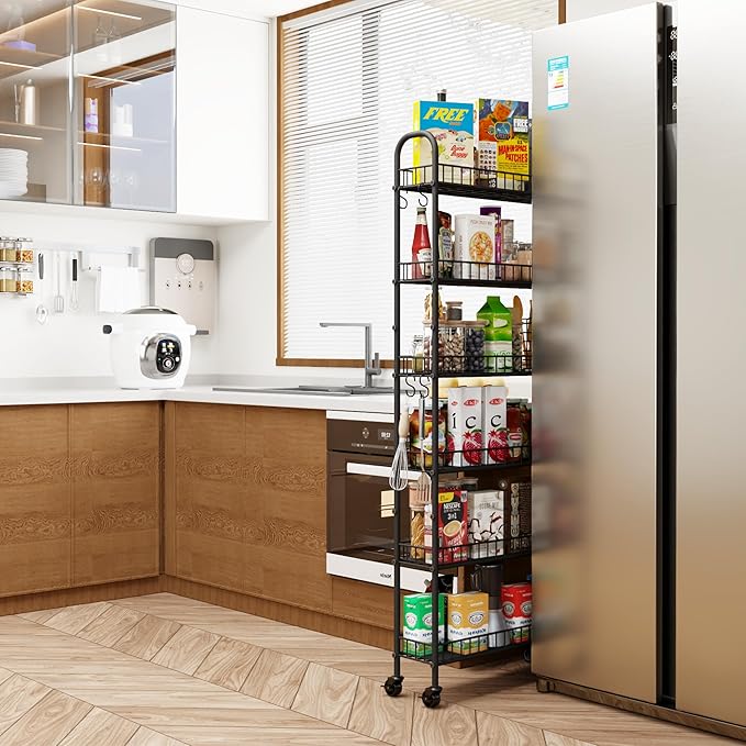 Slim Rolling Storage Cart with Wheels, Metal 6 Tier Spice Rack Mobile Shelving Unit Organizer Kitchen Utility Cart for Office Bathroom Kitchen Laundry Room Narrow Places (6inches)