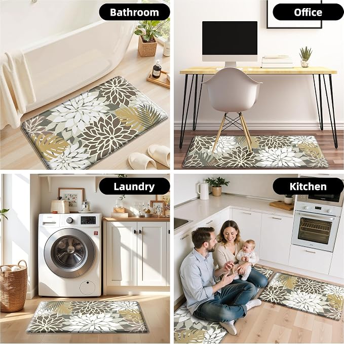 Arenarug Kitchen Mats for Floor 2PCS Cushioned Anti Fatigue Kitchen Mats Waterproof Non Slip Kitchen Mat Rug Set Comfort Foam Standing Mat for Sink, Laundry, Office, 24"x39"+24"x59", Brown White