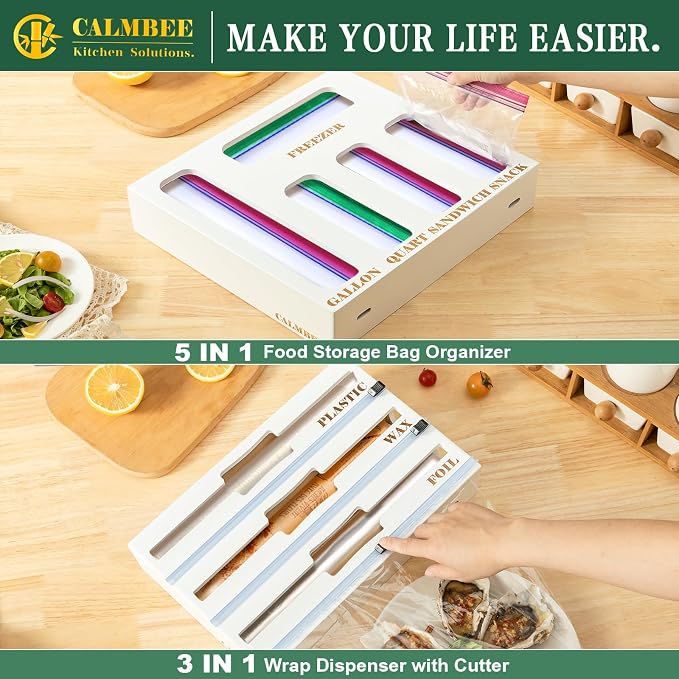 Calmbee 9 in 1 Bamboo Storage Bag Organizer for Kitchen Drawer – Plastic Wrap Dispenser with Cutter & Foil Organizer, Wooden Baggie Organizer for Sandwich, Snack, Gallon, Quart Sizes, White