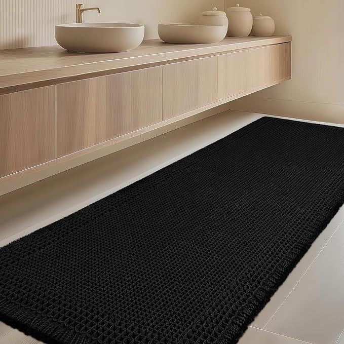 IM HOME Extra Large Waffle Bath Mat, Boho Bathroom Rugs Absorbent Non Slip, Ultra Soft Bathroom Mat, Machine Washable Knit Bath Rugs with Border for Bathroom, Bedroom, Kitchen, Shower, 6'x2', Black