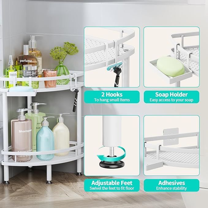 HapiRm Standing Corner Shower Caddy - 2 Tier Shower Organizer Corner with Soap Holder and 4 Hooks, Rustproof Bathroom Storage Shelves with Adhesives, White
