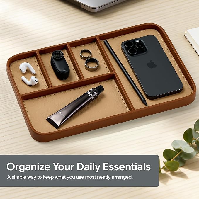 Nordik Leather Valet Tray - Sand Brown - 11.8x7.9 Inch Large Vegan Leather Tray - Stylish Nightstand Organizer for Men - Modern Bedside Caddy - EDC Catchall for Key Watch Wallet Jewellery