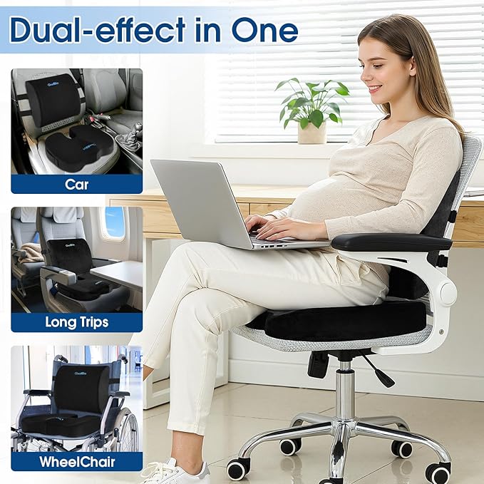 CloudBliss Lumbar Support Pillow & Seat Cushion Set for Office Chair, Desk Chair, Wheelchair & Car – Memory Foam Back Support, Ergonomic Chair Cushions, Sciatica Pain Relief, Home Essentials, Black