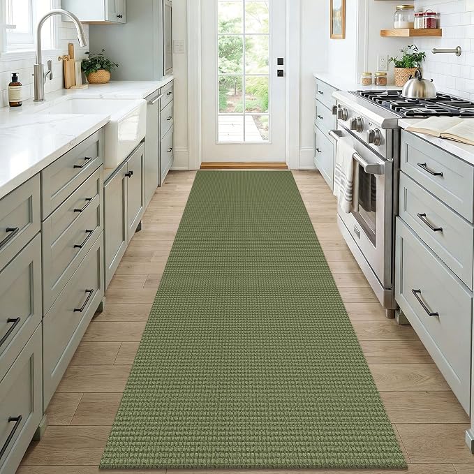 KOZYFLY Woven 3x7 Washable Kitchen Runner Rug, Non Slip Wide Runners for Hallway, Cotton Entryway Runner, Braided Floor Carpet for Entry, Kitchen, Bedside, Hall, Olive Green/Earthy Green