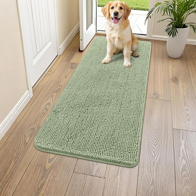 Smiry Dog Door Mat for Muddy Paws 47x24, Absorbent Dirt Trapper, Non-Slip Washable Chenille Entryway Rug for Inside Floor, Sage Green, Classic Solid