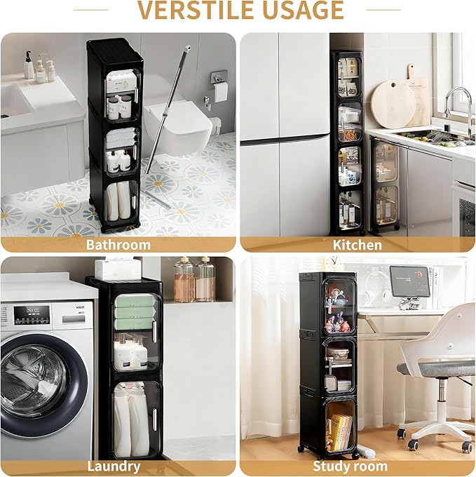 3-Tier Tall Narrow Storage Cabinet, Slim Bathroom Storage Cabinet with Adjustable Shelves and Wheels, Narrow Organizer for Small Space, Bathroom, Kitchen, Laundry, Black