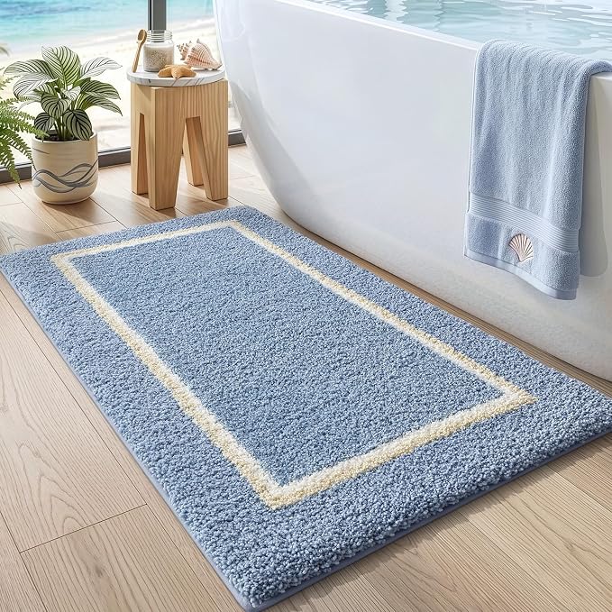 DEXI Bathroom Rugs 43x24, Absorbent Extra Soft Plush Microfiber Bath Mat for Bathroom, Non Slip Washable Bathmat Quick Dry for Shower Floor, Sink, Tub, Laundry Room, Light Blue