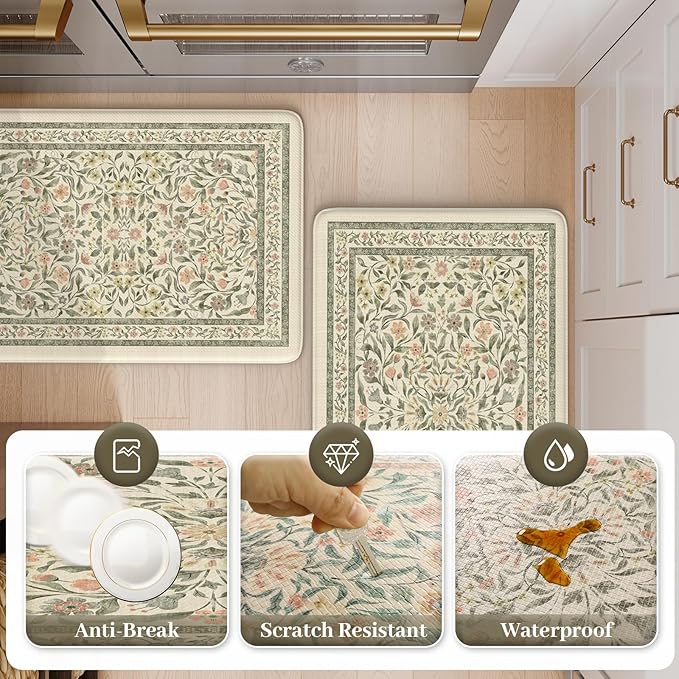 KIMODE Anti Fatigue Mats for Kitchen Floor 20"x47"+20"x32", Boho Farmhouse Kitchen Rugs Sets of 2, Cushioned Kitchen Floor Mats Non Slip, Comfort Standing Mats for Sink Laundry Desk Beige