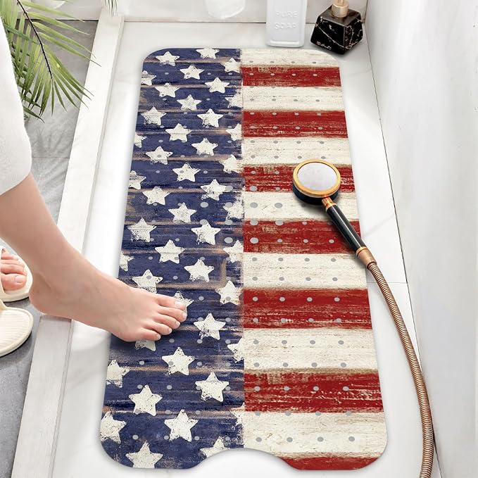 Bathtub Mat Non Slip, American Flag Extra Long Bath tub Mat Shower Floor Mat with Suction Cups and Drain Holes for Adults Kids Elderly 40 X 16 Inch