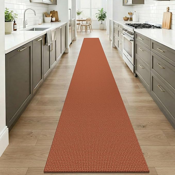 KOZYFLY Orange 2x20 Runners Rugs for Hallway, Extra Long Washable Runner Rug, Woven Non Slip Kitchen Runner, Cotton Entryway Rug, Floor Carpet for Entry, Aisle, Hall, Burnt Orange/Tan