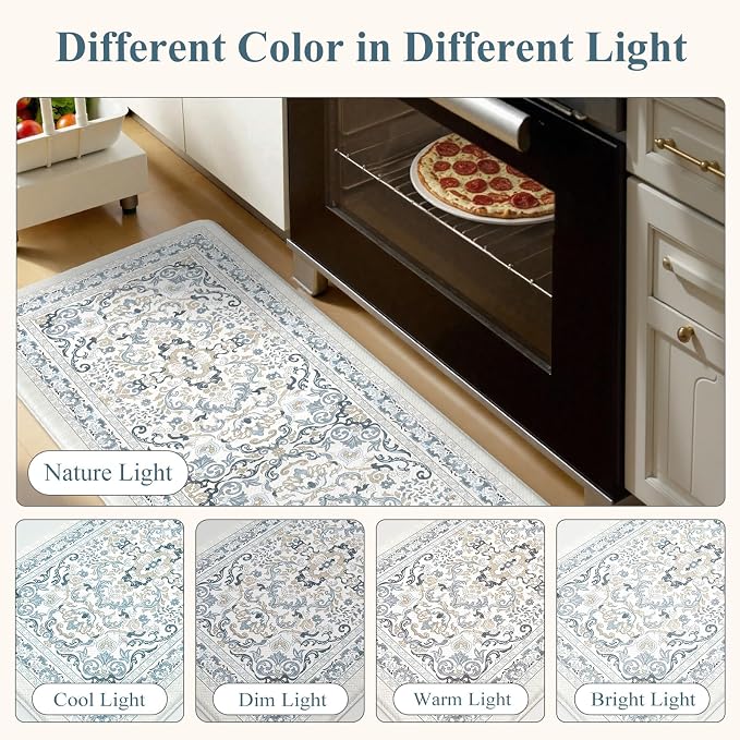 KIMODE Kitchen Floor Mats Cushioned Anti Fatigue,Boho Vintage Floral Rugs Sets of 2,Ergonomic Memory Foam Carpet Non Slip, Comfort Runner for Sink Laundry Office,Light Blue 17"x29.5"+17" x47”