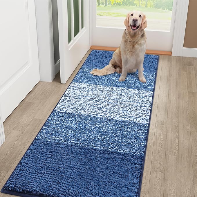 Smiry Dog Door Mat for Muddy Paws, Absorbs Moisture and Dirt, Low-Profile Entryway Mat with Non-Slip Backing, Entry Indoor Outdoor Doormat for Inside Floor (48x30 Inches, Navy Blue, Striped)