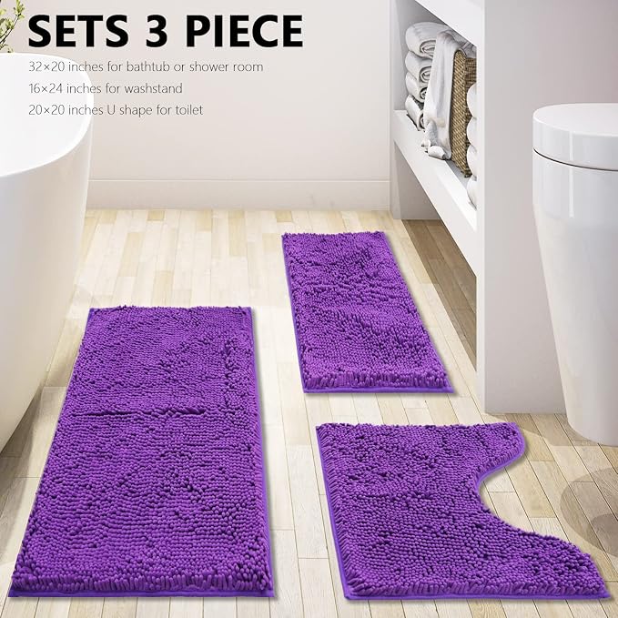 Bathroom Rugs Chenille 3-Piece Extra Soft and Absorbent Shag Bathroom Rugs, Machine Wash Mat, Strong PVC Non-Slip Underside, Plush Carpet Mats (Violet)