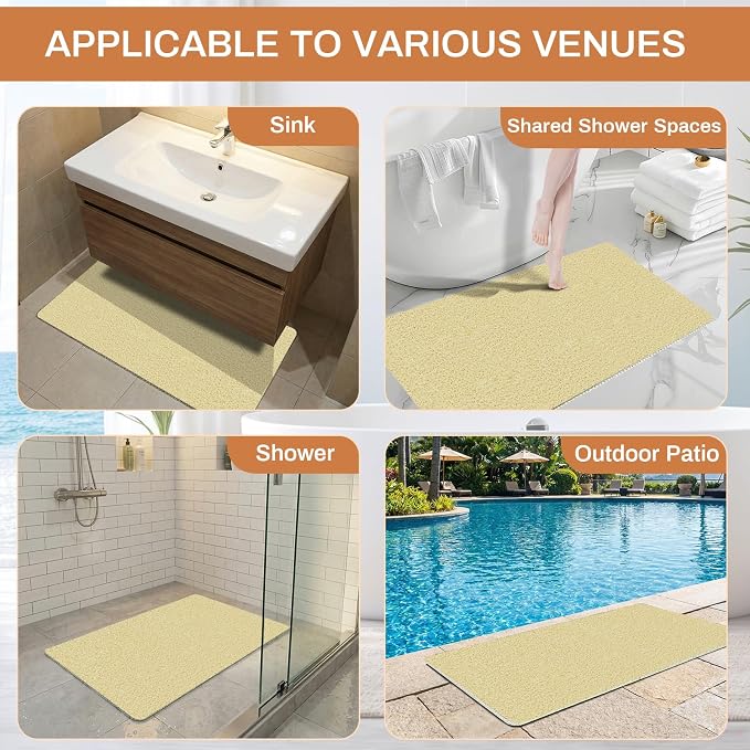 Non Slip Loofah Shower Mat 32"x16", Quick Drying Mats with Drain Hole, Soft Trimmable PVC Loofah Massage Bathmat for Shower, Kitchen, Hotel, Tub, Floor, Home, Beige