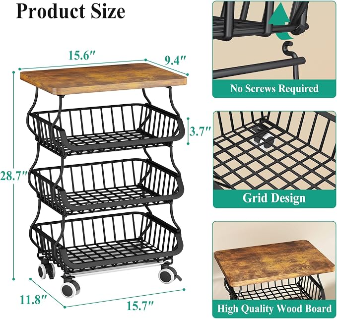 SAYZH Fruit Basket Kitchen Pantry Organizers and Storage - Wooden Top Table, Stackable Metal Wire Basket Stand Cart for Fruit Vegetable Snacks Onion Potato Organization (Black, 4 Tiers)