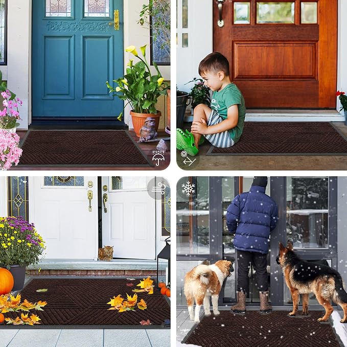 Smiry Front Door Mat Outside Entrance, Heavy Duty Sturdy Natural Rubber Doormat, Trap Dirt and Moisture, Easy Clean Low Profile Mats for Indoor Outdoor Entry, Irregular Triangle (47x32, Deep Brown)