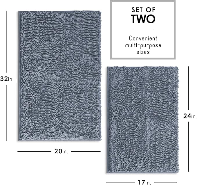 Hearth & Harbor Bathroom Rugs, Chenille Bath Mat - Machine Washable Bath Mats for Bathroom Non-Slip Backing Rubber, Quick Dry Bathroom Mat, 17 x 24 + 20 x 32 - Stone Blue