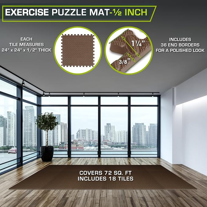 ProsourceFit Exercise Puzzle Mat 1/2-inch, EVA Interlocking Foam Floor Tiles for Home Gym, Workout Equipment, Kids Play Areas, Brown, 72 Sq Ft - 18 Tiles