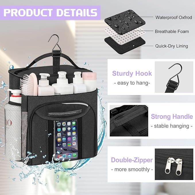 Attmu Shower Caddy Portable, Hanging Shower Bag for Dorm Room College, Large Capacity Quick Dry Mesh Tote Bag for Travel Camping Essentials (Black)