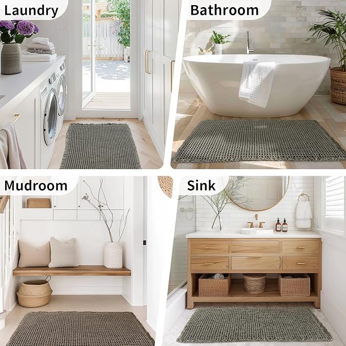 Waffle Runner Bath Mat - Long Boho Bathroom Rugs Non Slip Washable, Super Absorbent & Quick Dry, Soft Bath Mat Farmhouse Bathroom Decor, 24'' x 72'', Olive Green