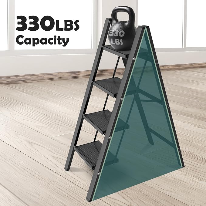 Taranta 4 Step Ladder,Aluminum Lightweight Folding 4 Step Stool with Anti-Slip Wide Pedal,330lbs Capacity Step Ladder for Household,Kitchen,Office - Black